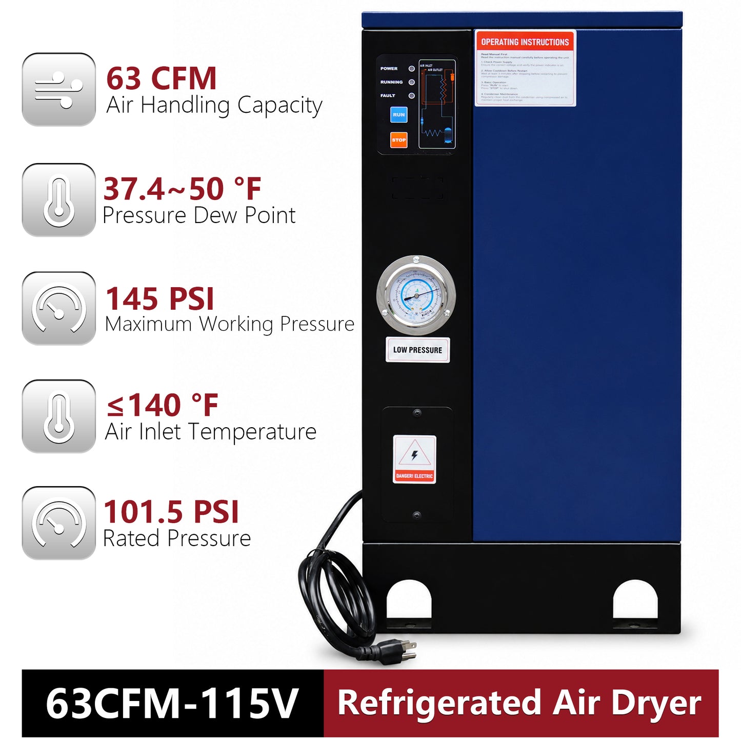 63CFM Refrigerated Air Dryer for 10HP & 15HP Air Compressors, 1PHASE 115V, Refrigerated Air Compressor Dryer, Compressed Air Systems, Industrial Refrigerated Compressed Air Dryer