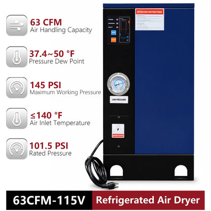 63CFM Refrigerated Air Dryer for 10HP & 15HP Air Compressors, 1PHASE 115V, Refrigerated Air Compressor Dryer, Compressed Air Systems, Industrial Refrigerated Compressed Air Dryer