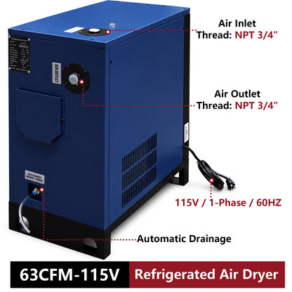 63CFM Refrigerated Air Dryer for 10HP & 15HP Air Compressors, 1PHASE 115V, Refrigerated Air Compressor Dryer, Compressed Air Systems, Industrial Refrigerated Compressed Air Dryer
