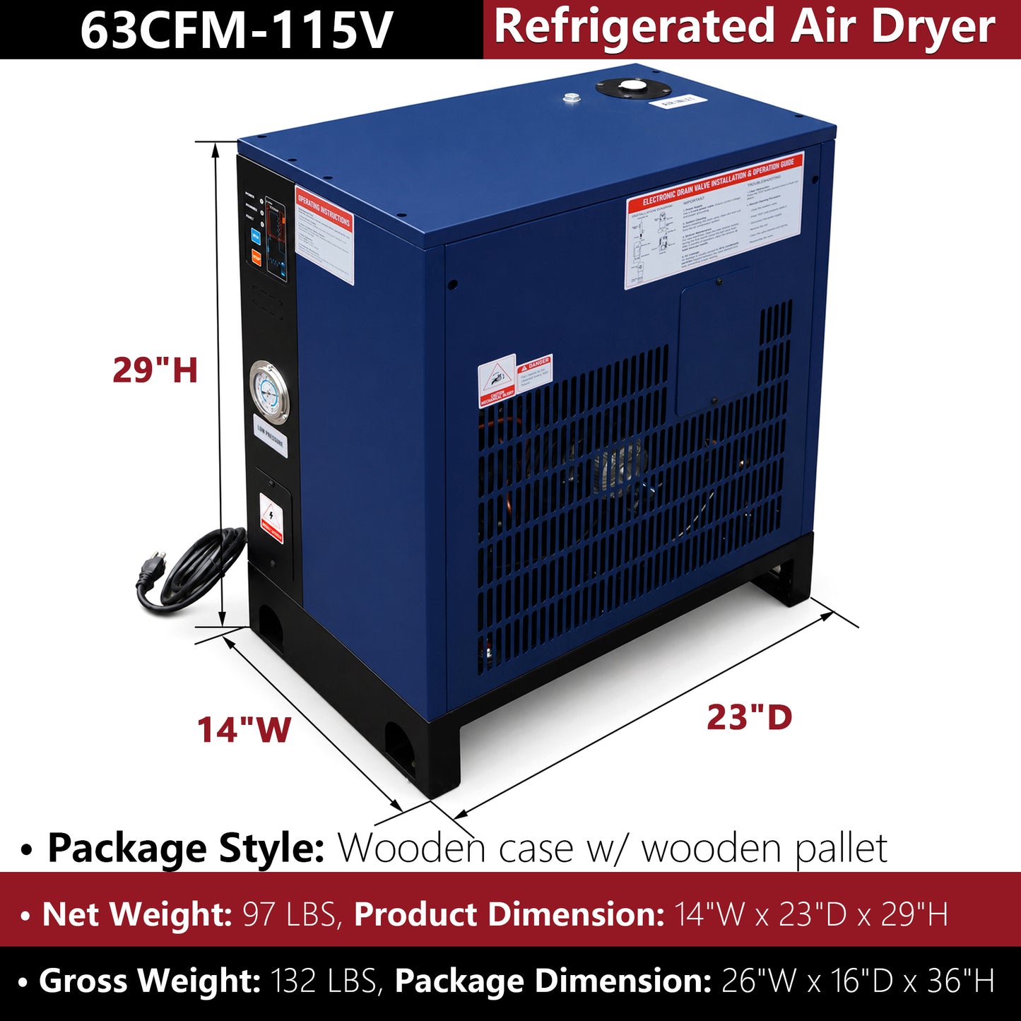 63CFM Refrigerated Air Dryer for 10HP & 15HP Air Compressors, 1PHASE 115V, Refrigerated Air Compressor Dryer, Compressed Air Systems, Industrial Refrigerated Compressed Air Dryer