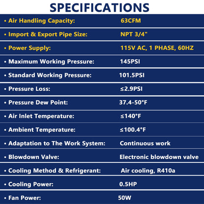 63CFM Refrigerated Air Dryer for 10HP & 15HP Air Compressors, 1PHASE 115V, Refrigerated Air Compressor Dryer, Compressed Air Systems, Industrial Refrigerated Compressed Air Dryer