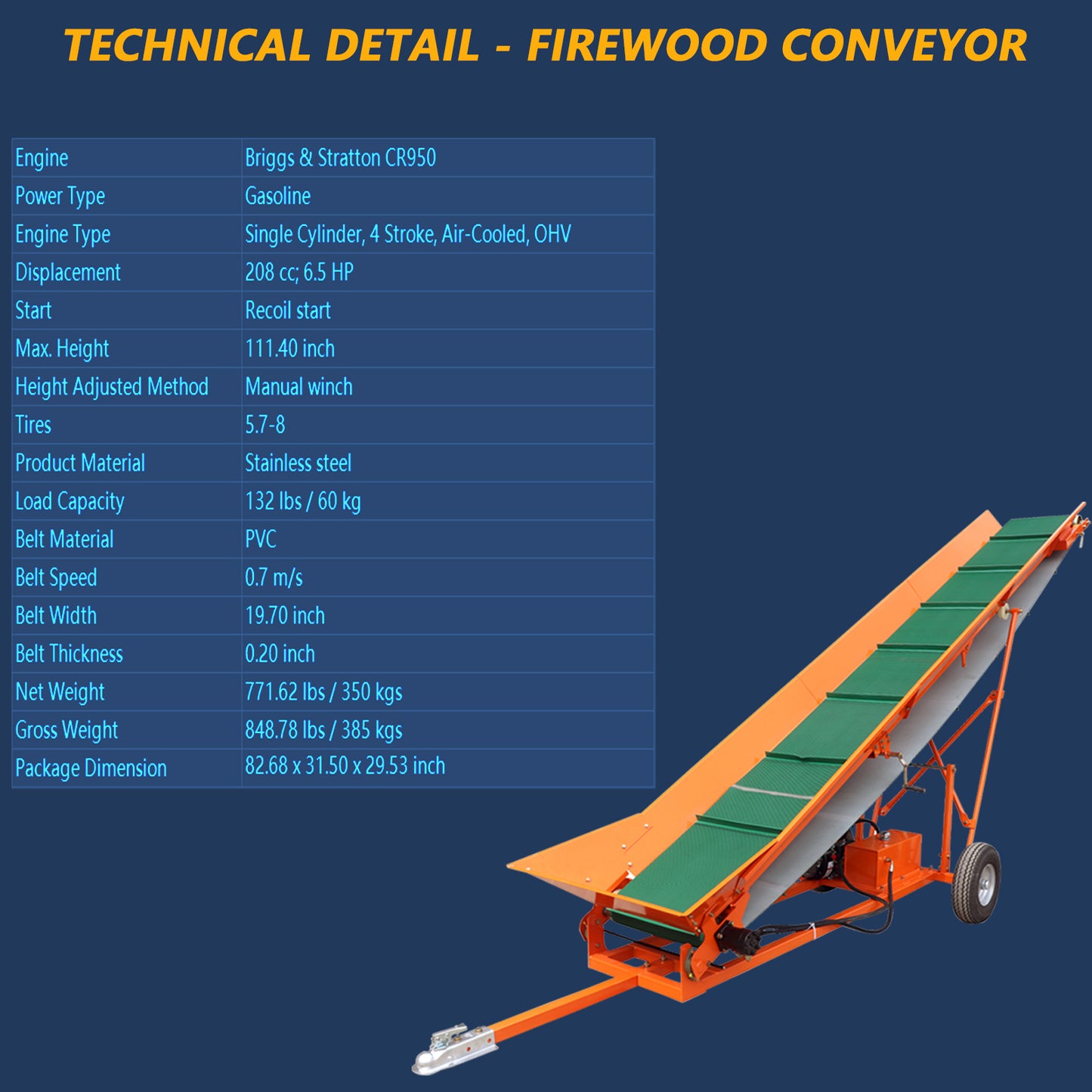 Firewood Conveyor with B&S Engine 6.5HP 208cc Gasoline Powered 19.7" Width PVC Belt Wood Conveyor