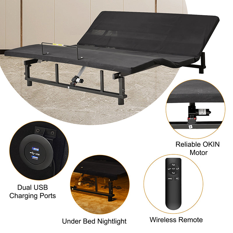 Adjustable Queen Bed Base Frame with Head and Foot Incline Wireless Remote 4 Ports USB