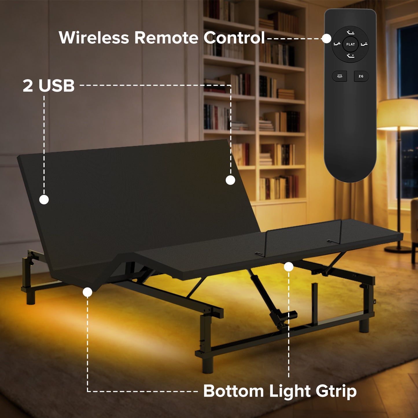 Adjustable Bed Base Frame Queen Bed Frame with Head and Foot Incline Wireless Remote 4 Ports USB, Under-Bed Nightlights, Zero Gravity Quiet Motor Black Queen