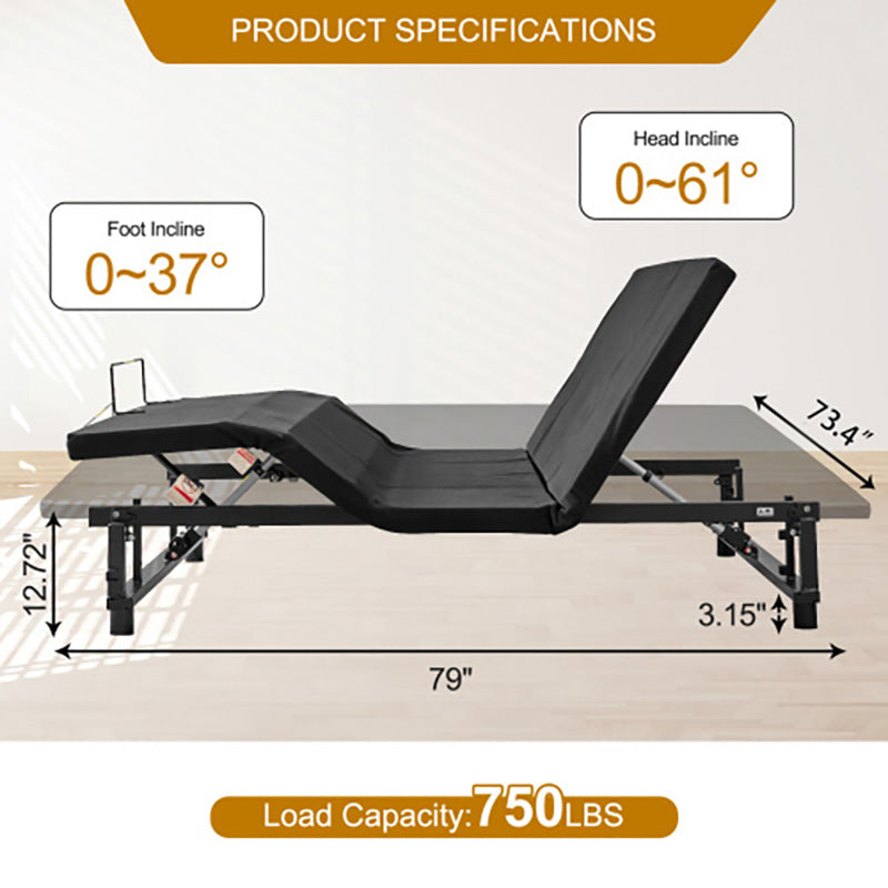 Adjustable Bed Base Frame Head and Foot Incline Quiet Motor King Size, 4 Ports USB