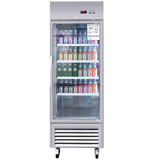 Commercial Refrigerator Single Glass Door Stainless Steel 27"W 18.68 Cu.ft. Reach-in Merchandising Refrigerator