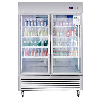 Commercial Refrigerator 2 Section 2 Glass Door Stainless Steel Display Refrigerator 42.2 Cu.ft. Reach-in Merchandising Refrigerator