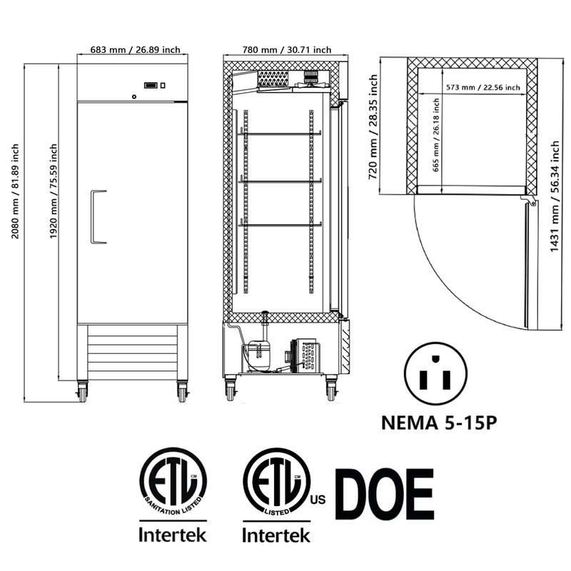 Commercial Freezer Single Solid Door 27"W Reach-in Freezer 18.68 Cu.ft. Upright Fan Cooling