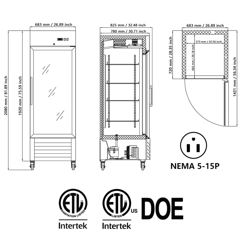 Commercial Refrigerator Single Glass Door Stainless Steel 27"W 18.68 Cu.ft. Reach-in Merchandising Refrigerator