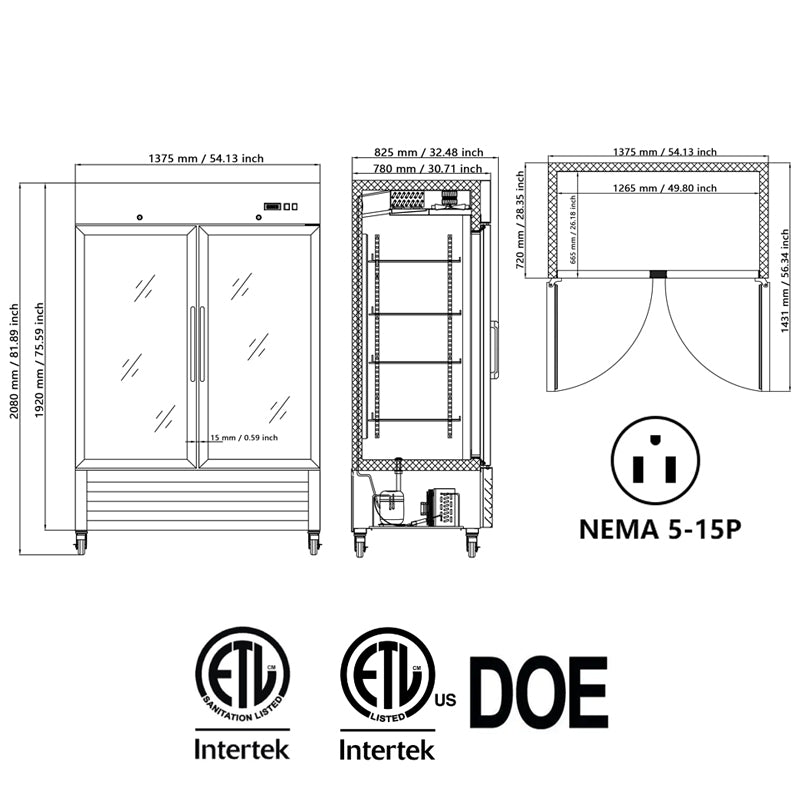 Commercial Refrigerator 2 Section 2 Glass Door Stainless Steel Display Refrigerator 42.2 Cu.ft. Reach-in Merchandising Refrigerator