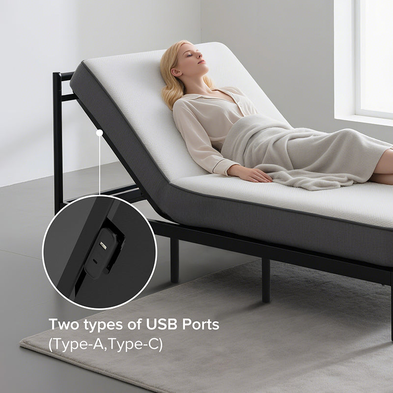 Adjustable Bed Frame with Massage Head & Foot Incline Twin XL Size Wireless Remote, two types of USB ports: Type-A and Type-C