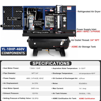 10HP Combined Rotary Screw Air Compressor with Dryer & 39.6-Gal ASME Tank – 34CFM, 125PSI, 460V 3PHASE 60HZ Heavy Duty Air Compressed System – Industrial Grade, 4-in-1