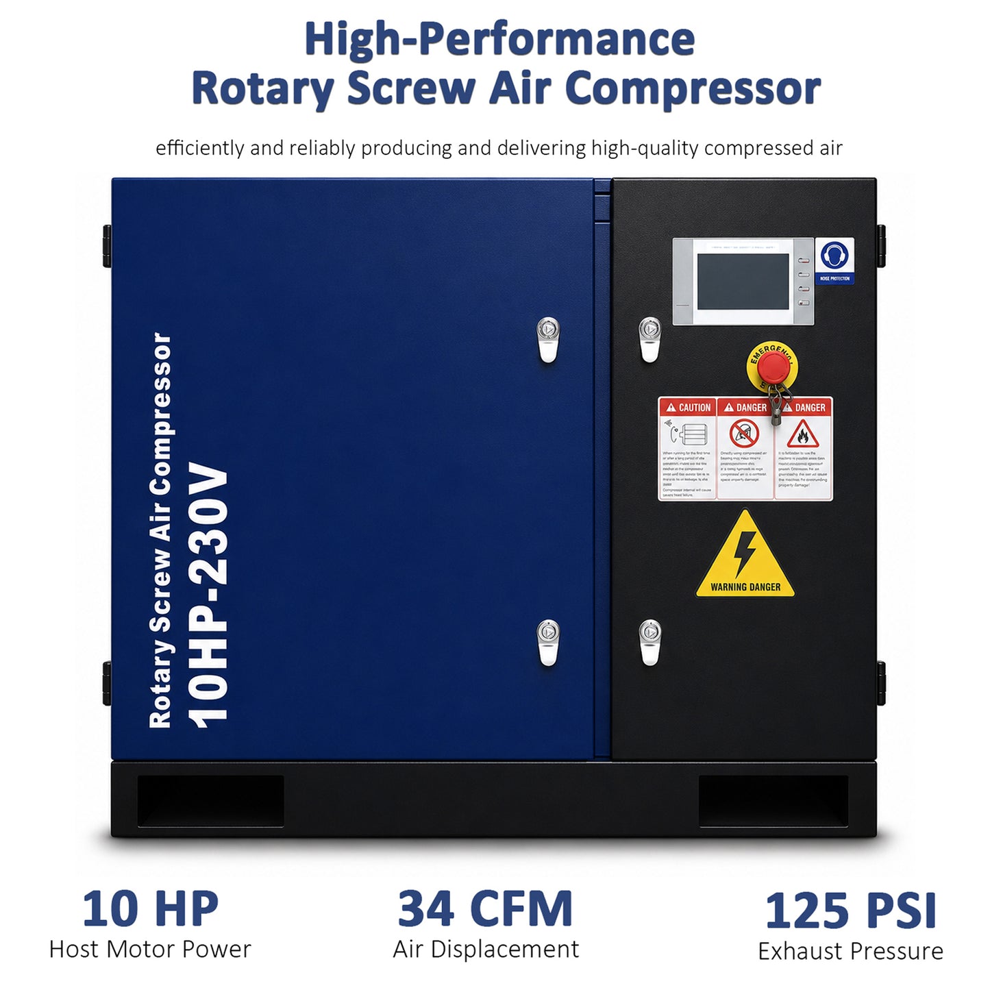 10HP Rotary Screw Air Compressor, 34CFM, 125PSI, 208-230V 3PHASE 60HZ, Fixed Speed Compressor, Industrial-Grade, Heavy Duty Air Compressed System