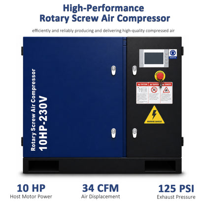 10HP Rotary Screw Air Compressor, 34CFM, 125PSI, 208-230V 3PHASE 60HZ, Fixed Speed Compressor, Industrial-Grade, Heavy Duty Air Compressed System
