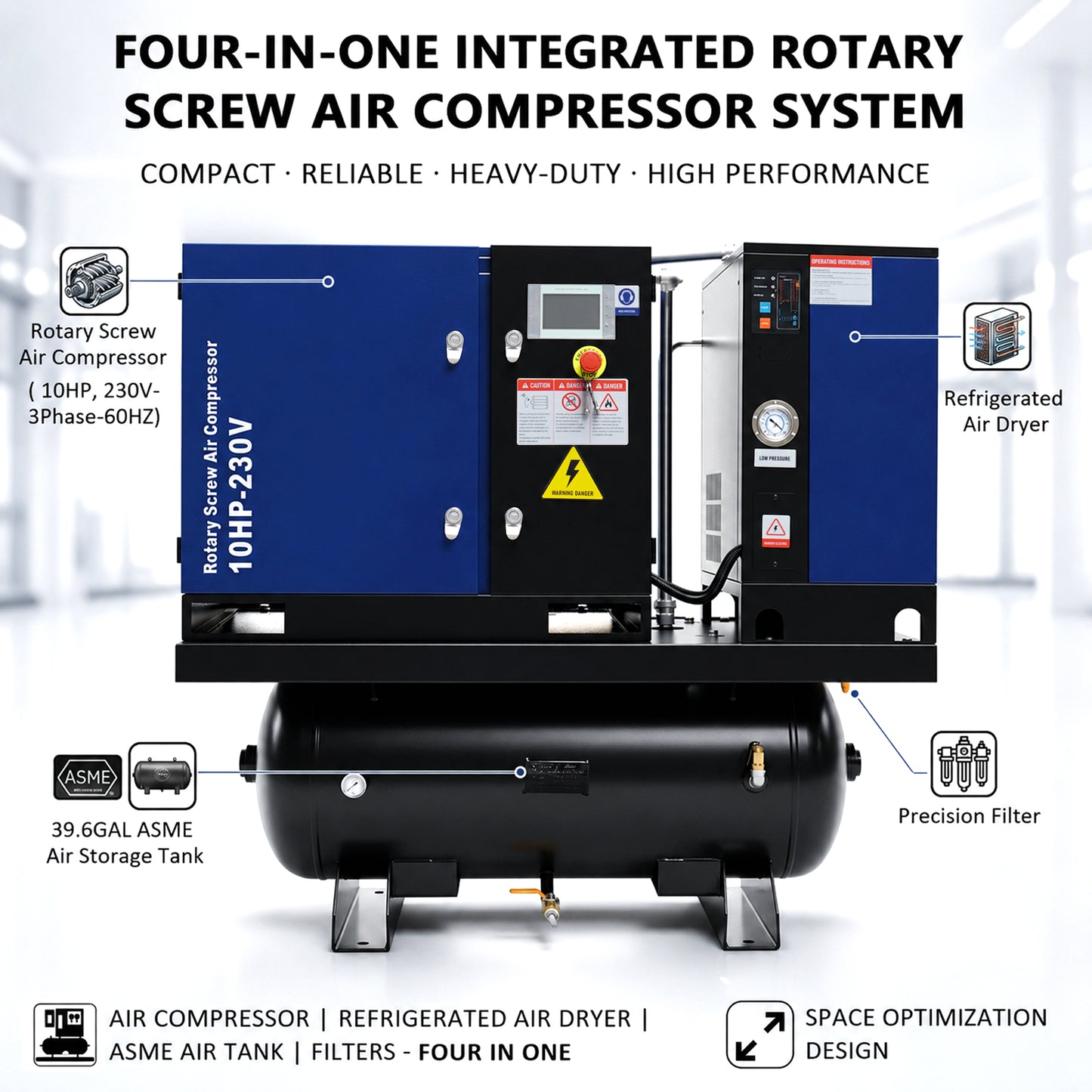 10HP Combined Rotary Screw Air Compressor with Dryer & 39.6-Gal ASME Tank – 34CFM, 125PSI, 230V 3PHASE 60HZ Heavy Duty Air Compressed System – Industrial Grade, 4-in-1