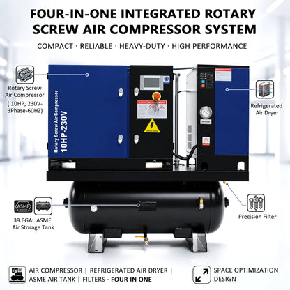 10HP Combined Rotary Screw Air Compressor with Dryer & 39.6-Gal ASME Tank – 34CFM, 125PSI, 230V 3PHASE 60HZ Heavy Duty Air Compressed System – Industrial Grade, 4-in-1