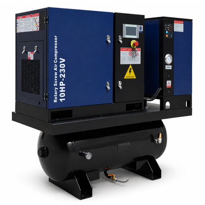 10HP Combined Rotary Screw Air Compressor with Dryer & 39.6-Gal ASME Tank – 34CFM, 125PSI, 230V 3PHASE 60HZ Heavy Duty Air Compressed System – Industrial Grade, 4-in-1