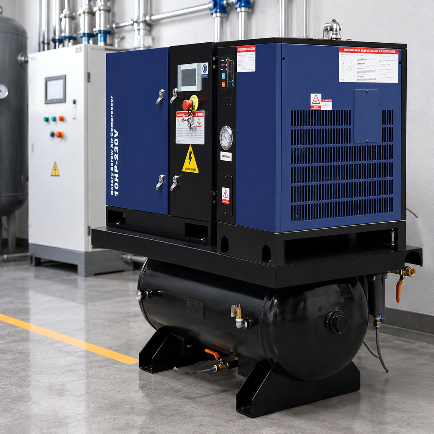 10HP Combined Rotary Screw Air Compressor with Dryer & 39.6-Gal ASME Tank – 34CFM, 125PSI, 230V 3PHASE 60HZ Heavy Duty Air Compressed System – Industrial Grade, 4-in-1