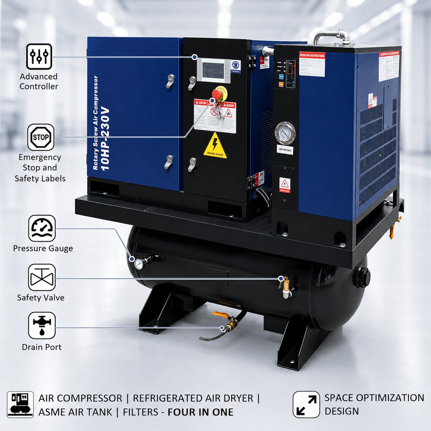 10HP Combined Rotary Screw Air Compressor with Dryer & 39.6-Gal ASME Tank – 34CFM, 125PSI, 230V 3PHASE 60HZ Heavy Duty Air Compressed System – Industrial Grade, 4-in-1