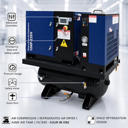 10HP Combined Rotary Screw Air Compressor with Dryer & 39.6-Gal ASME Tank – 34CFM, 125PSI, 230V 3PHASE 60HZ Heavy Duty Air Compressed System – Industrial Grade, 4-in-1