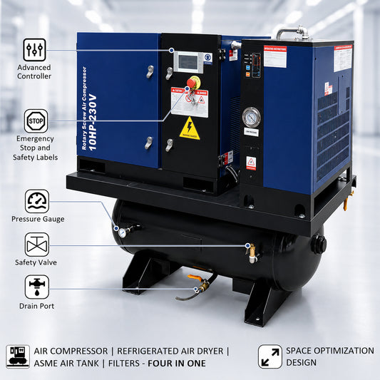 10HP Combined Rotary Screw Air Compressor with Dryer & 39.6-Gal ASME Tank – 34CFM, 125PSI, 230V 3PHASE 60HZ Heavy Duty Air Compressed System – Industrial Grade, 4-in-1