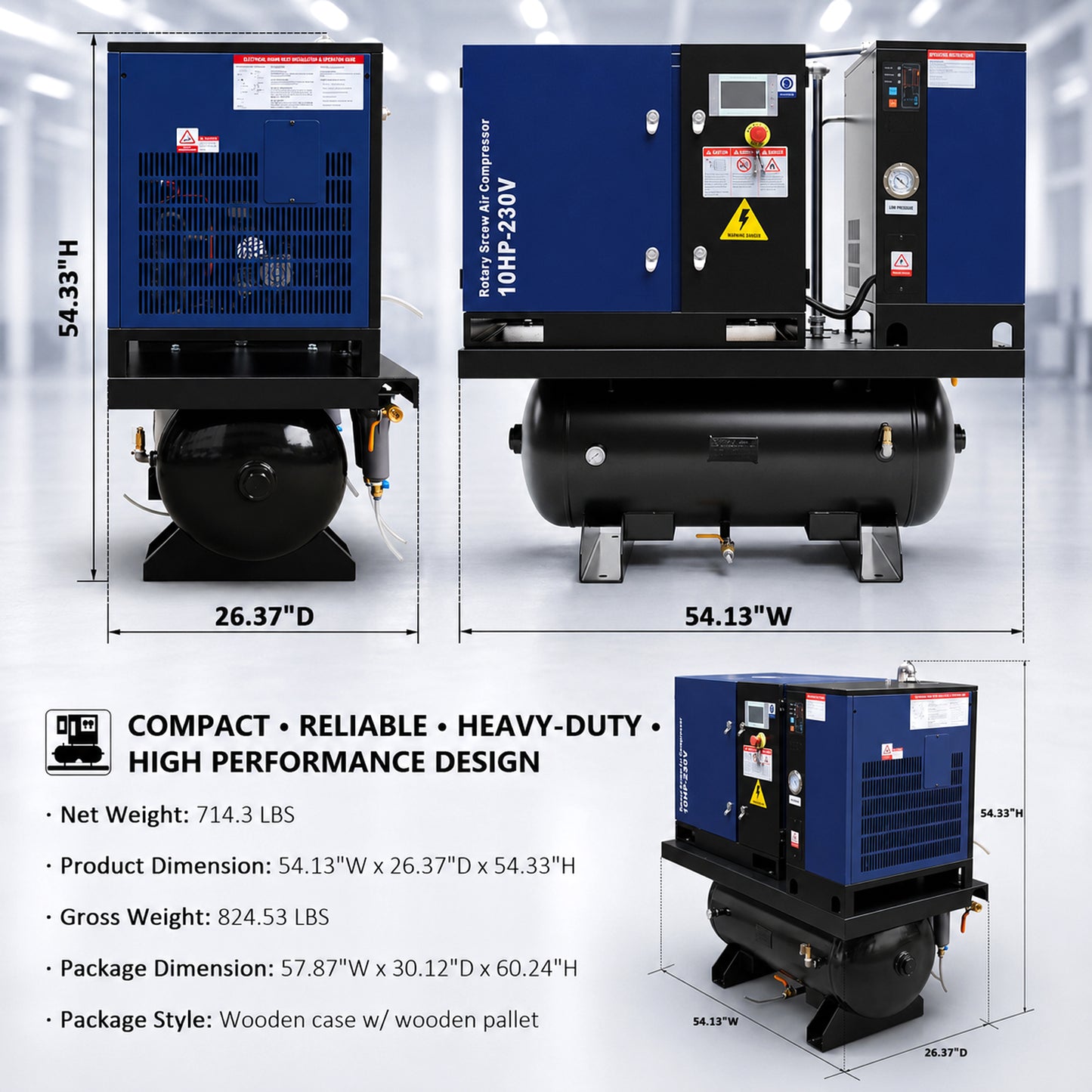 10HP Combined Rotary Screw Air Compressor with Dryer & 39.6-Gal ASME Tank – 34CFM, 125PSI, 230V 3PHASE 60HZ Heavy Duty Air Compressed System – Industrial Grade, 4-in-1
