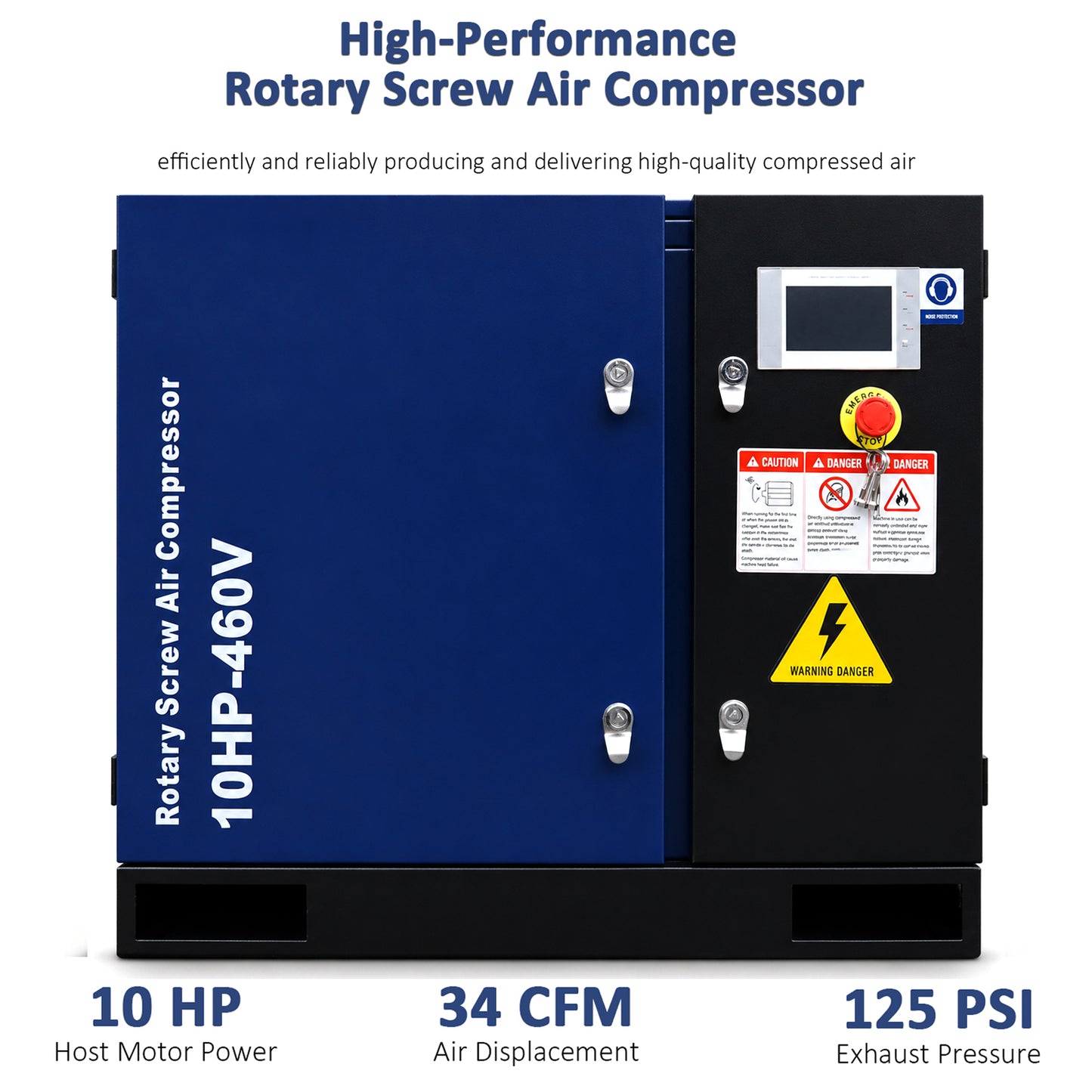 10HP Rotary Screw Air Compressor, 34CFM, 125PSI, 460V 3PHASE 60HZ, Fixed Speed Compressor, Industrial-Grade, Heavy Duty Air Compressed System