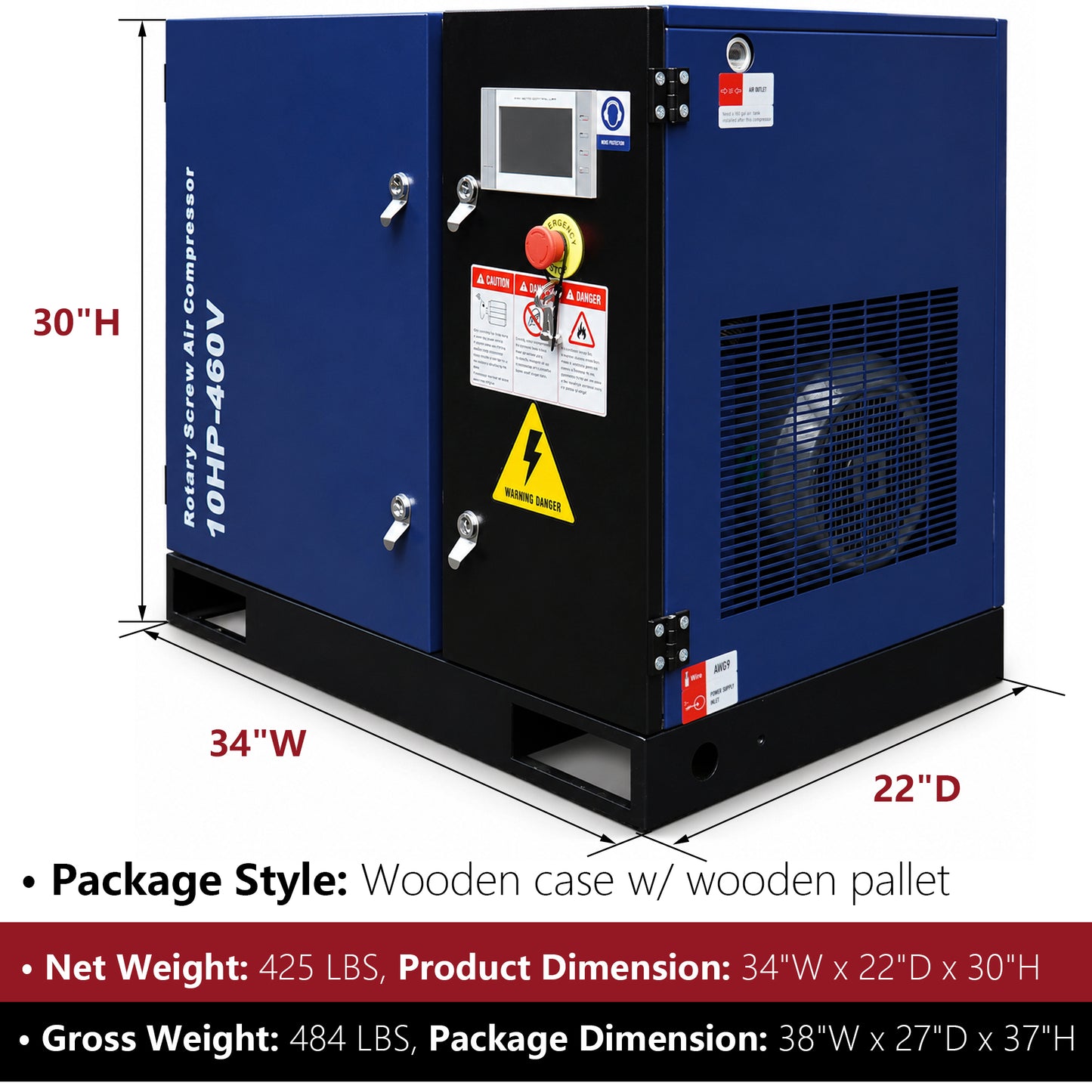 10HP Rotary Screw Air Compressor, 34CFM, 125PSI, 460V 3PHASE 60HZ, Fixed Speed Compressor, Industrial-Grade, Heavy Duty Air Compressed System