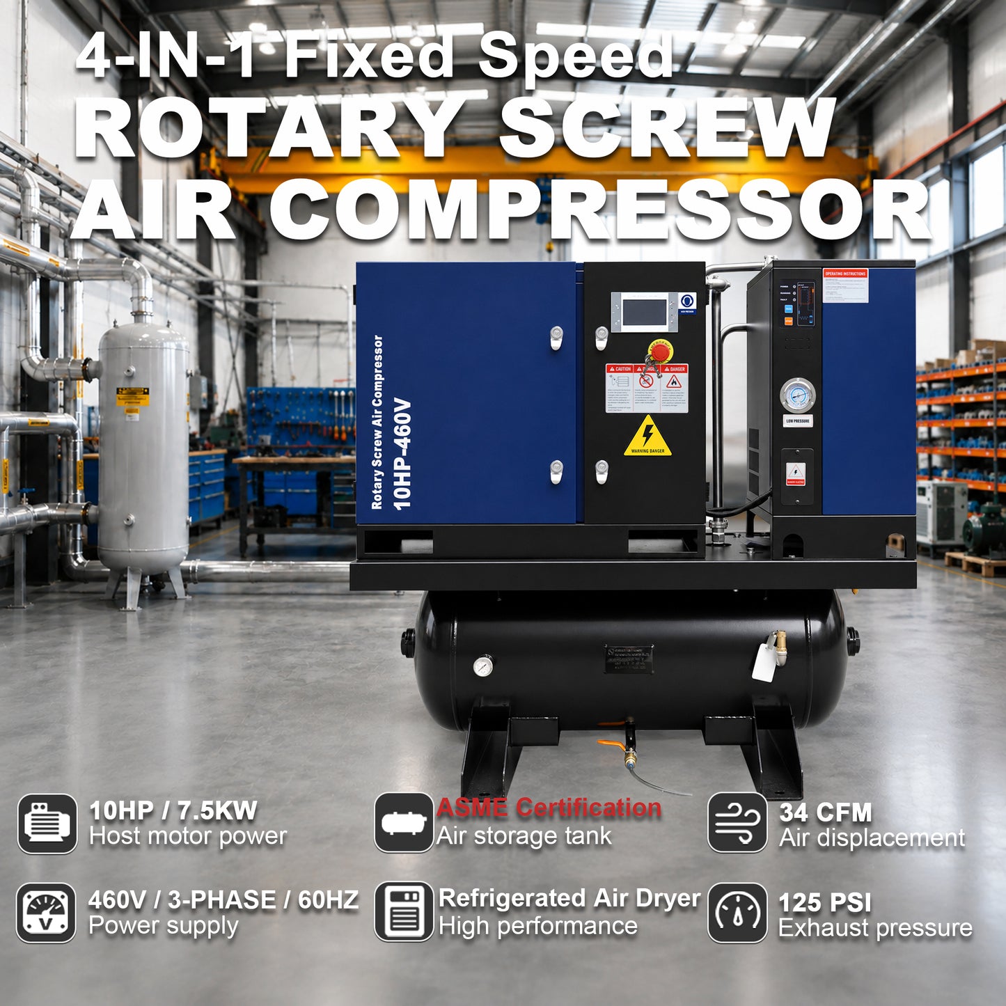 10HP Combined Rotary Screw Air Compressor with Dryer & 39.6-Gal ASME Tank – 34CFM, 125PSI, 460V 3PHASE 60HZ Heavy Duty Air Compressed System – Industrial Grade, 4-in-1