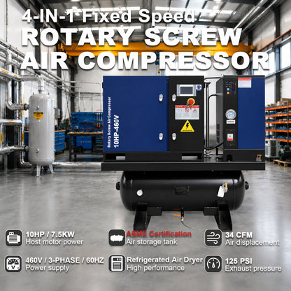 10HP Combined Rotary Screw Air Compressor with Dryer & 39.6-Gal ASME Tank – 34CFM, 125PSI, 460V 3PHASE 60HZ Heavy Duty Air Compressed System – Industrial Grade, 4-in-1