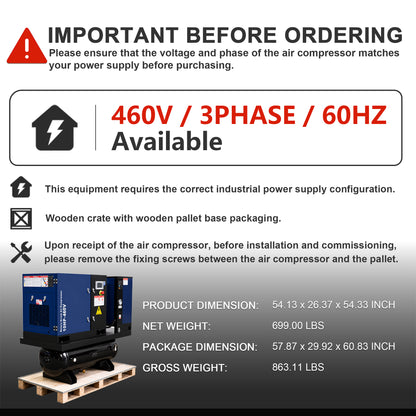 10HP Combined Rotary Screw Air Compressor with Dryer & 39.6-Gal ASME Tank – 34CFM, 125PSI, 460V 3PHASE 60HZ Heavy Duty Air Compressed System – Industrial Grade, 4-in-1
