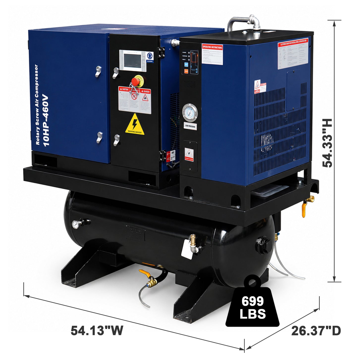 10HP Combined Rotary Screw Air Compressor with Dryer & 39.6-Gal ASME Tank – 34CFM, 125PSI, 460V 3PHASE 60HZ Heavy Duty Air Compressed System – Industrial Grade, 4-in-1