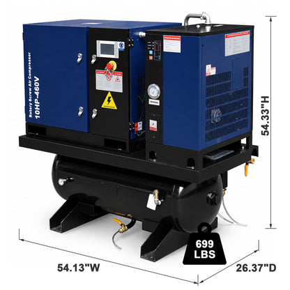 10HP Combined Rotary Screw Air Compressor with Dryer & 39.6-Gal ASME Tank – 34CFM, 125PSI, 460V 3PHASE 60HZ Heavy Duty Air Compressed System – Industrial Grade, 4-in-1