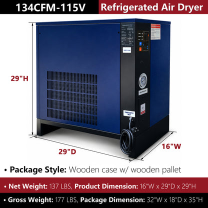134CFM Refrigerated Air Dryer for 15HP & 20HP & 30HP Air Compressors, 1PHASE 115V, Refrigerated Air Compressor Dryer, Compressed Air Systems, Industrial Refrigerated Compressed Air Dryer