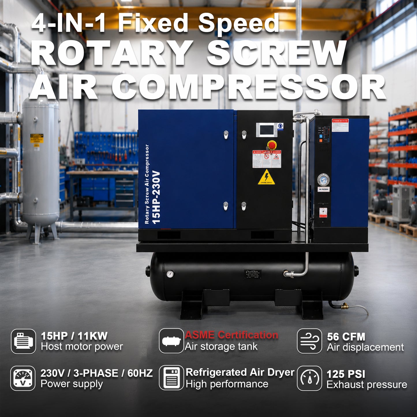 15HP Combined Rotary Screw Air Compressor with Dryer & 68.7-Gal ASME Tank – 125PSI, 230V 3PHASE 60HZ Heavy Duty Air Compressed System – Industrial Grade, 4-in-1