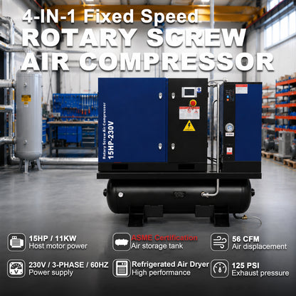 15HP Combined Rotary Screw Air Compressor with Dryer & 68.7-Gal ASME Tank – 125PSI, 230V 3PHASE 60HZ Heavy Duty Air Compressed System – Industrial Grade, 4-in-1