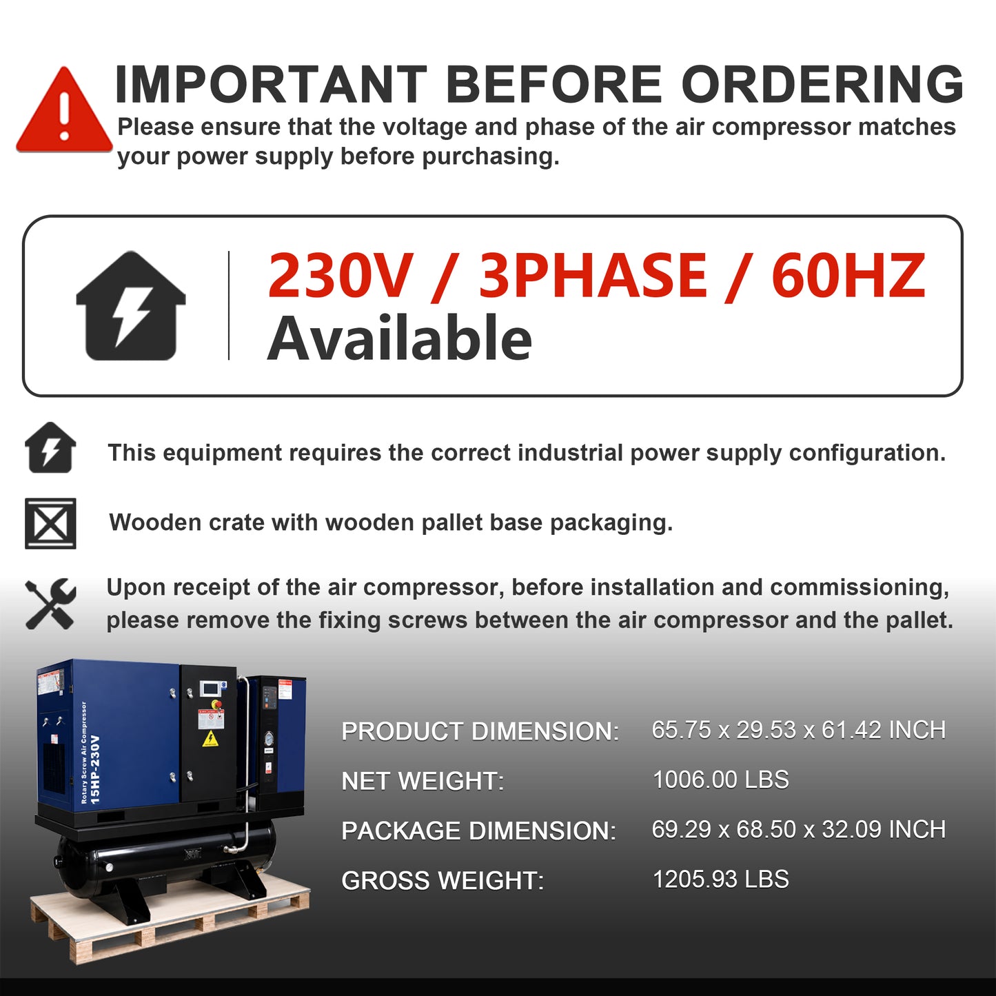 15HP Combined Rotary Screw Air Compressor with Dryer & 68.7-Gal ASME Tank – 125PSI, 230V 3PHASE 60HZ Heavy Duty Air Compressed System – Industrial Grade, 4-in-1