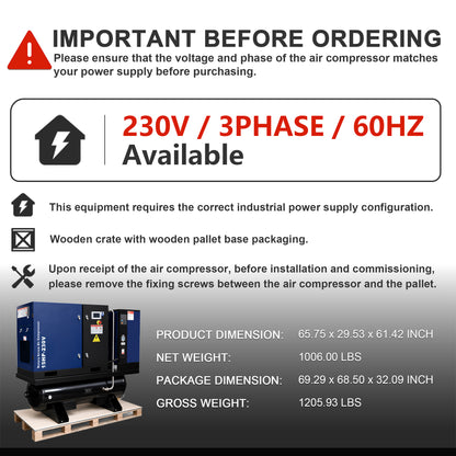 15HP Combined Rotary Screw Air Compressor with Dryer & 68.7-Gal ASME Tank – 125PSI, 230V 3PHASE 60HZ Heavy Duty Air Compressed System – Industrial Grade, 4-in-1