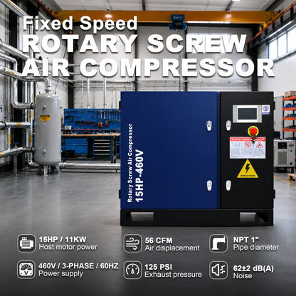 15HP Rotary Screw Air Compressor, 56 CFM, 125PSI, 460V 3PHASE 60HZ, Fixed Speed Compressor, Industrial-Grade, Heavy Duty Air Compressed System