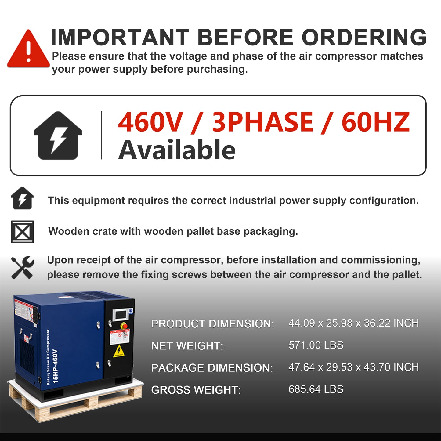 15HP Rotary Screw Air Compressor, 56 CFM, 125PSI, 460V 3PHASE 60HZ, Fixed Speed Compressor, Industrial-Grade, Heavy Duty Air Compressed System