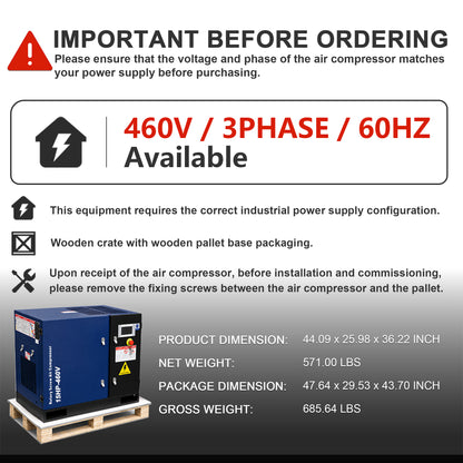 15HP Rotary Screw Air Compressor, 56 CFM, 125PSI, 460V 3PHASE 60HZ, Fixed Speed Compressor, Industrial-Grade, Heavy Duty Air Compressed System