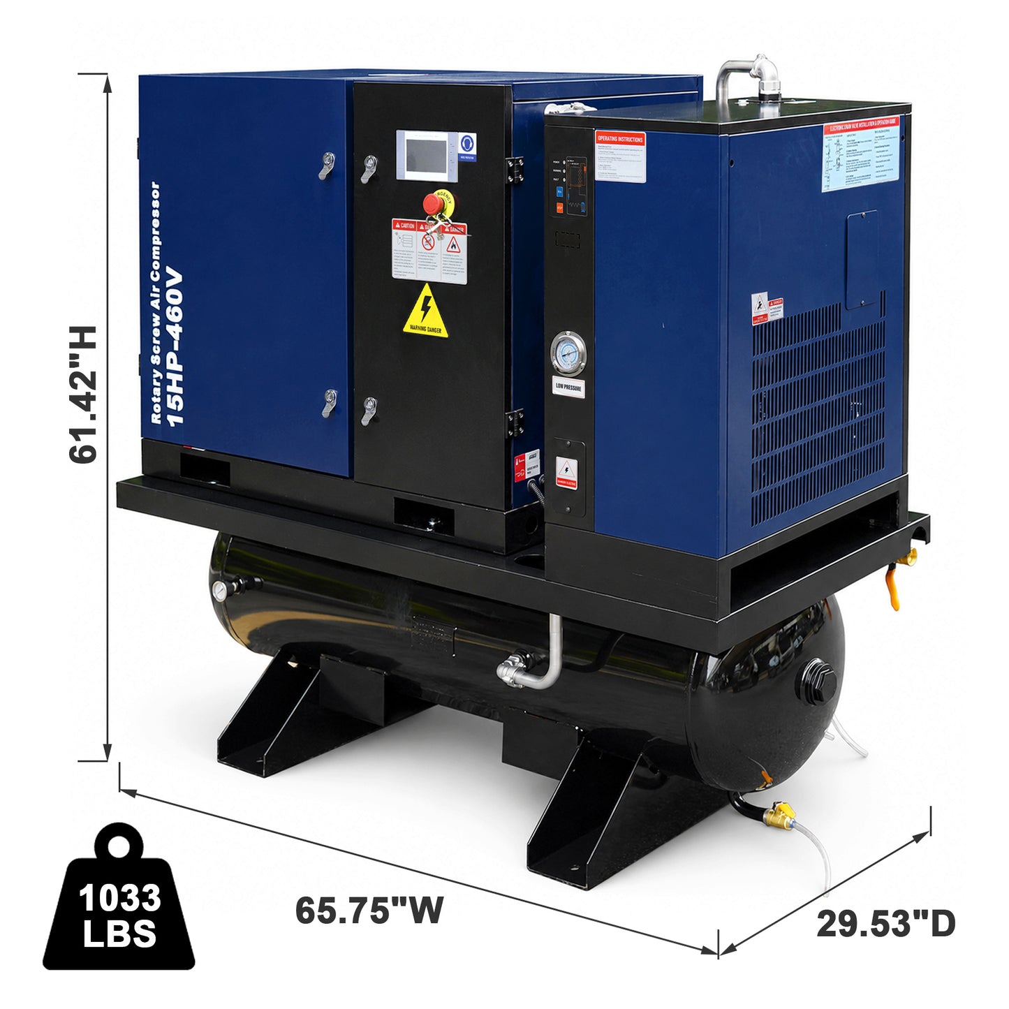 15HP Combined Rotary Screw Air Compressor with Dryer & 68.7-Gal ASME Tank – 125PSI, 460V 3PHASE 60HZ Heavy Duty Air Compressed System – Industrial Grade, 4-in-1