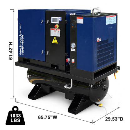 15HP Combined Rotary Screw Air Compressor with Dryer & 68.7-Gal ASME Tank – 125PSI, 460V 3PHASE 60HZ Heavy Duty Air Compressed System – Industrial Grade, 4-in-1
