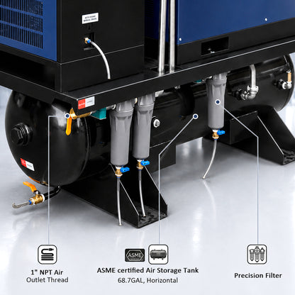 20HP Combined Rotary Screw Air Compressor with Dryer & 68.7-Gal ASME Tank – 74CFM, 125PSI, 230V 3PHASE 60HZ Heavy Duty Air Compressed System – Industrial Grade, 4-in-1
