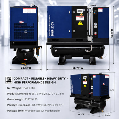 20HP Combined Rotary Screw Air Compressor with Dryer & 68.7-Gal ASME Tank – 74CFM, 125PSI, 230V 3PHASE 60HZ Heavy Duty Air Compressed System – Industrial Grade, 4-in-1