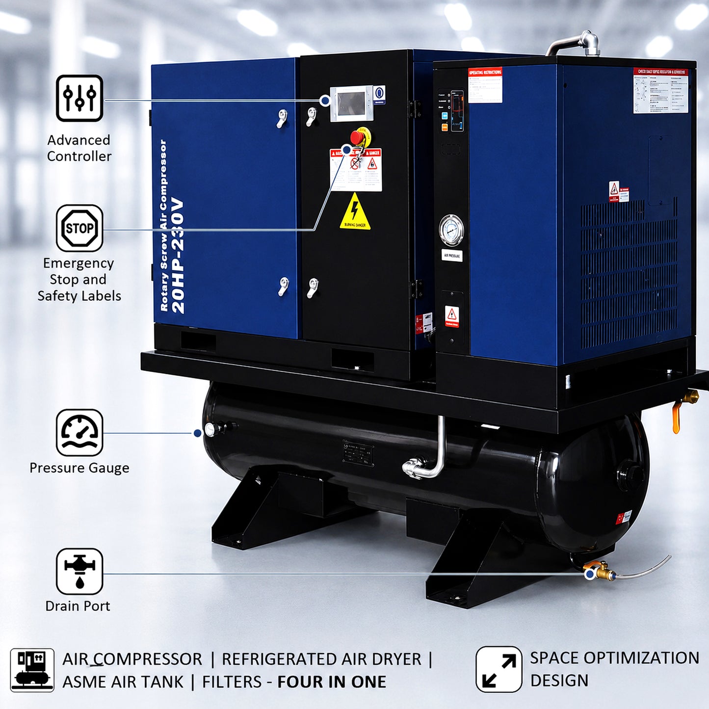 20HP Combined Rotary Screw Air Compressor with Dryer & 68.7-Gal ASME Tank – 74CFM, 125PSI, 230V 3PHASE 60HZ Heavy Duty Air Compressed System – Industrial Grade, 4-in-1