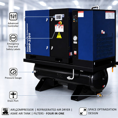 20HP Combined Rotary Screw Air Compressor with Dryer & 68.7-Gal ASME Tank – 74CFM, 125PSI, 230V 3PHASE 60HZ Heavy Duty Air Compressed System – Industrial Grade, 4-in-1