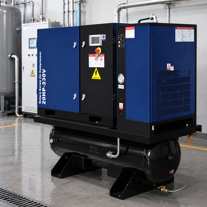 20HP Combined Rotary Screw Air Compressor with Dryer & 68.7-Gal ASME Tank – 74CFM, 125PSI, 230V 3PHASE 60HZ Heavy Duty Air Compressed System – Industrial Grade, 4-in-1