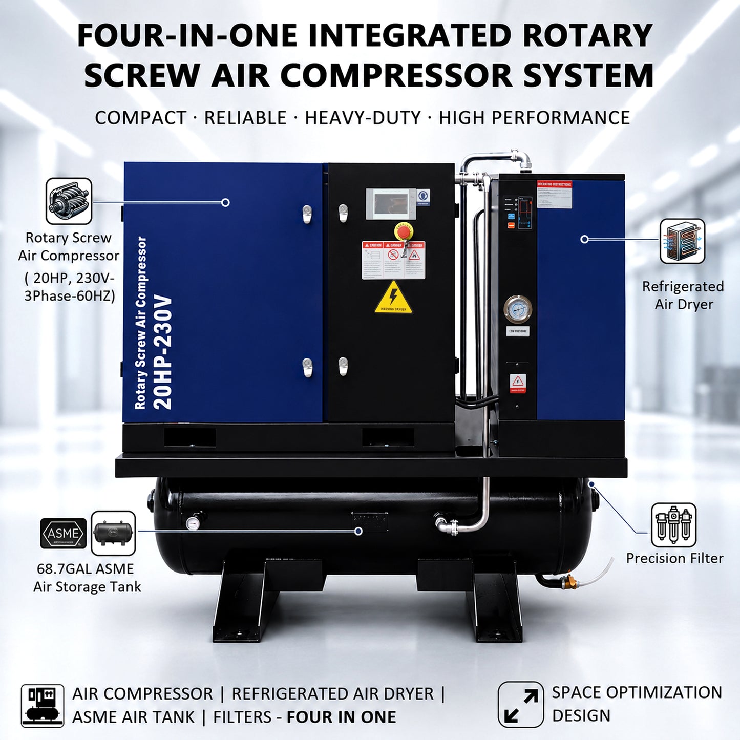 20HP Combined Rotary Screw Air Compressor with Dryer & 68.7-Gal ASME Tank – 74CFM, 125PSI, 230V 3PHASE 60HZ Heavy Duty Air Compressed System – Industrial Grade, 4-in-1