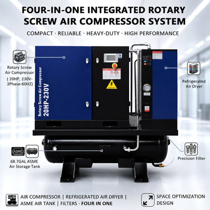 20HP Combined Rotary Screw Air Compressor with Dryer & 68.7-Gal ASME Tank – 74CFM, 125PSI, 230V 3PHASE 60HZ Heavy Duty Air Compressed System – Industrial Grade, 4-in-1